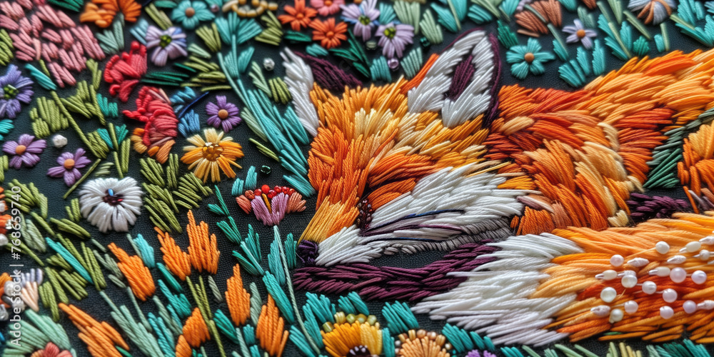 Detailed embroidery of baby fox with flower motifs, using colorful threads, beads and French knots. - obrazy, fototapety, plakaty 