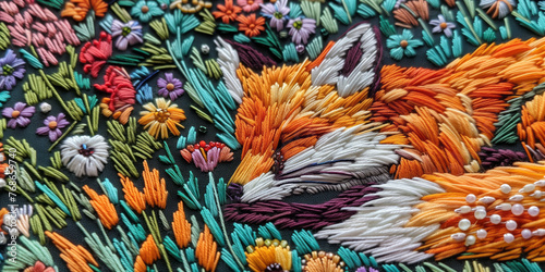 Detailed embroidery of baby fox with flower motifs, using colorful threads, beads and French knots.