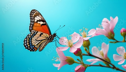 Beautiful spring nature background with butterfly, lovely blossom, petal a on turquoise blue background