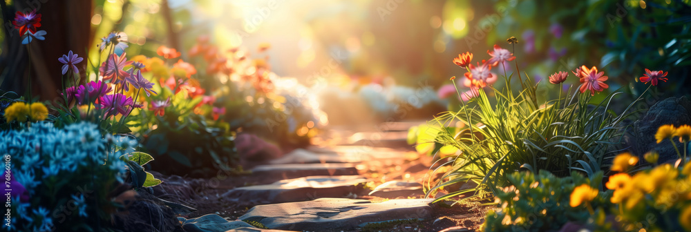 Beautiful blooming flowerbeds along winding stone pathway in sunny summer garden. - obrazy, fototapety, plakaty 
