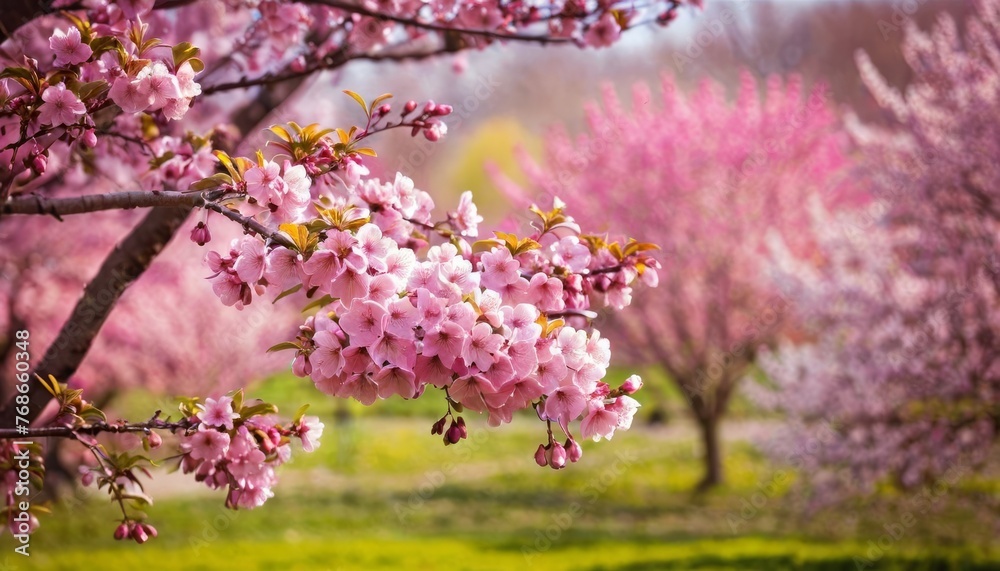 Beautiful spring nature scene with pink blooming tree blurry background