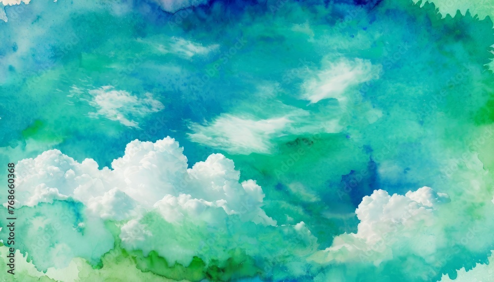 Blue green watercolor background with white cloudy center and abstract watercolor sky border design texture