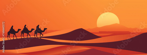 vector illustration of camels and bedouins traveling through the desert against a sunset background