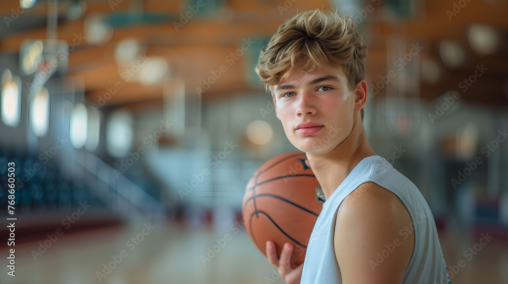 Portrait of a young man with basketball ball in the gym.