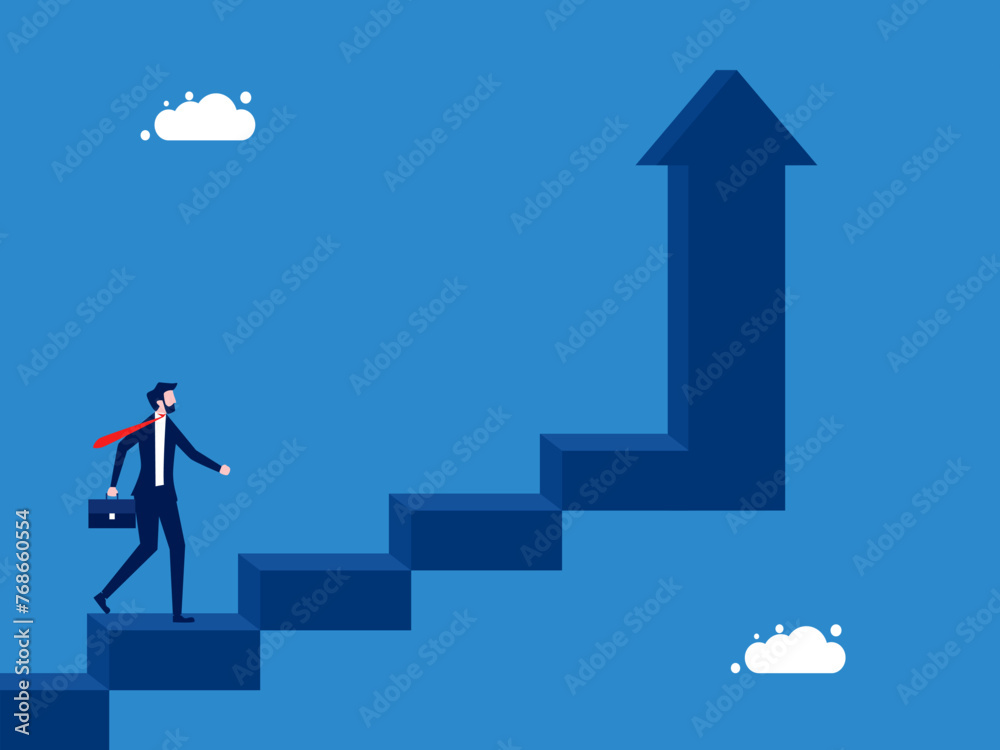 Development. Businessman ascends the ladder of success with an arrow pointing up