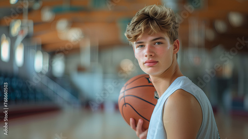 Portrait of a young man with basketball ball in the gym.