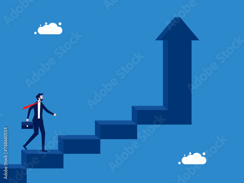 Development. Businessman ascends the ladder of success with an arrow pointing up © Nastudio