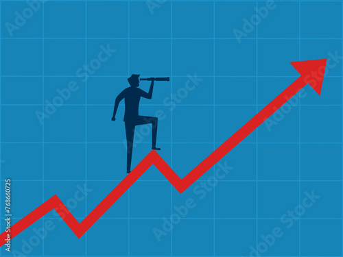 Businessman uses a telescope to look at a stock graph with a growth arrow