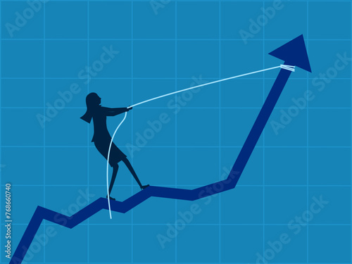 Increase sales. Businesswoman pulls graph to increase growth