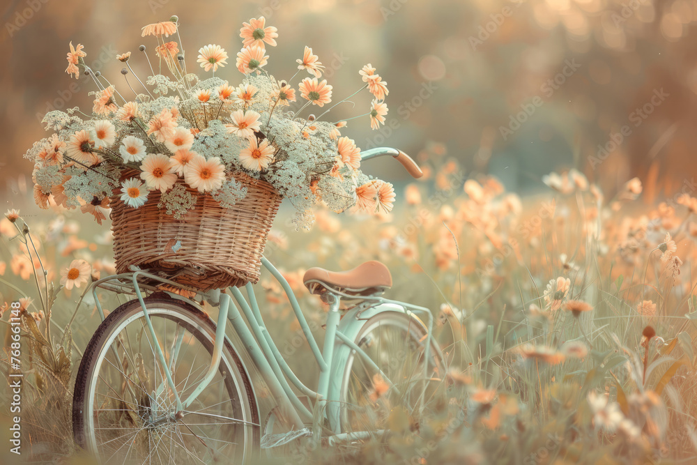 A vintage bicycle adorned with a wicker basket of fresh flowers, set against a charming countryside scene, exuding a warm and nostalgic ambiance with a touch of romance.