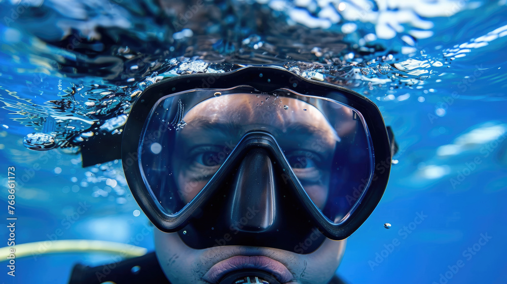 Man in scuba diving mask in water Man in scuba diving mask in water