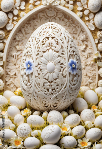 amazing carved Easter egg and delicate flowers, art deco, baroque, rococo, minimalistic photo