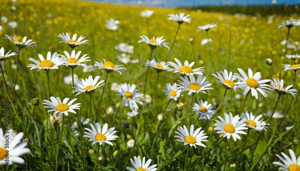 Fototapeta premium Daisies On Field Abstract Spring Landscape background