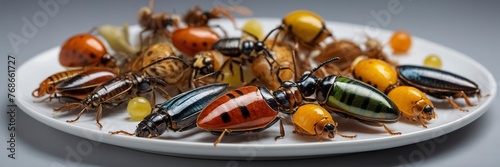 Insects, beetles and larvae as food on served plates. Concept Hunger and food of the 21st century.