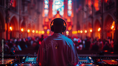 DJ performing in a church with vibrant lights.