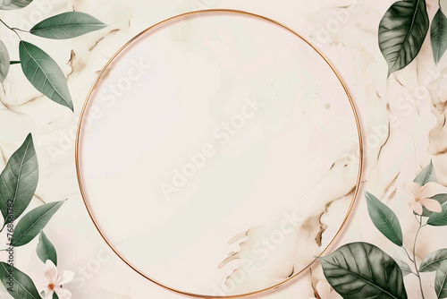 Top view of circular frame with leaves on pastel background, ideal for invitations.