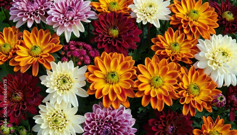 Flowers wall background with amazing red, orange, pink, purple, green and white chrysanthemum flowers background