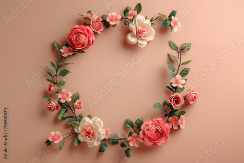 Top view of a circular floral arrangement with pink roses on a pastel background.