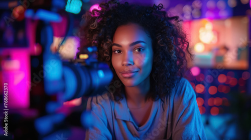 A poised young woman in a cozy sweater engaging with a camera during a vlog session