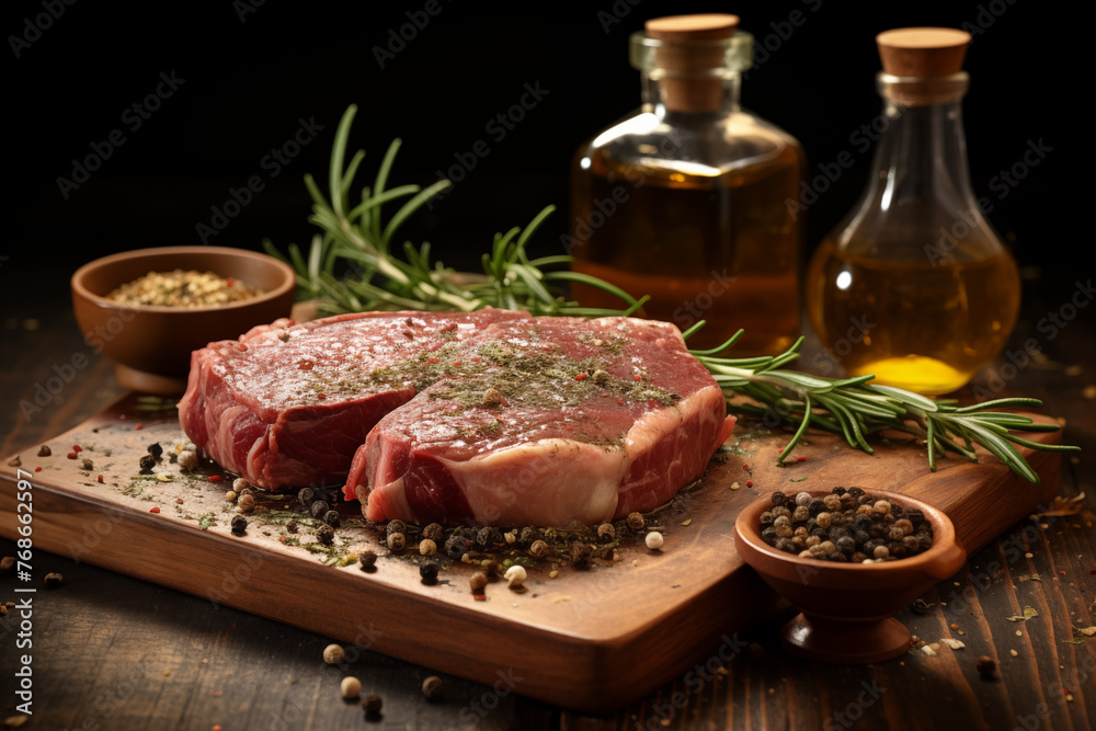 Large appetizing piece of raw meat on a wooden board with herbs, black pepper on dark background with bottles of olive oil