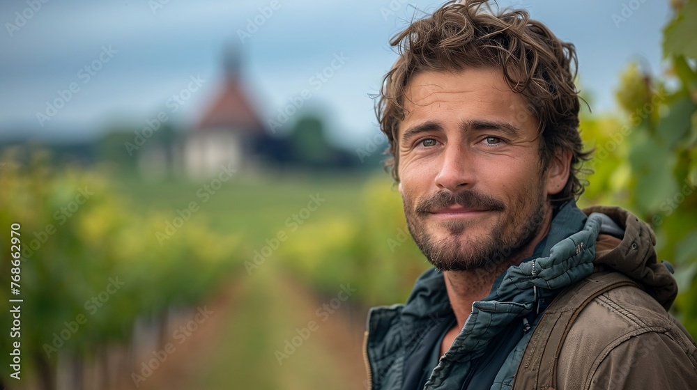 Closeup of a European farmer on the countryside background. Agriculture and people concept. Lifestyle portrait for wallpaper, banner, poster Closeup of a European farmer on the countryside background. Agriculture and people concept. Lifestyle portrait for wallpaper, banner, poster