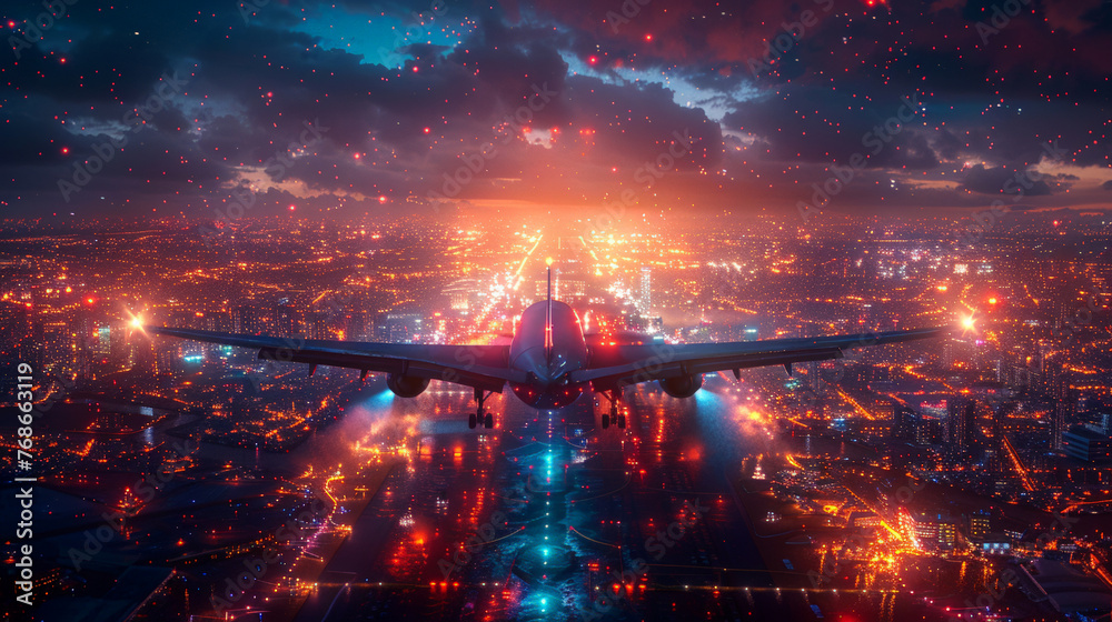 Airplane flying over a city at night Airplane flying over a city at night
