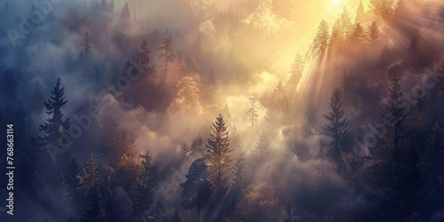 The stunning image captures the golden light of sunset peeking through misty pines photo