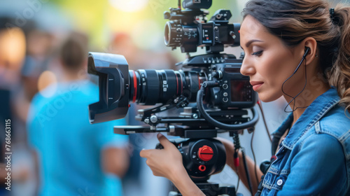 Radiant female filmmaker adjusts professional camera on set with a cheerful demeanor photo