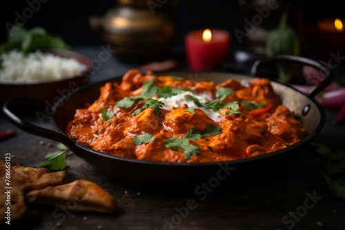 Delicious chicken tikka masala on a metal tray against a painted brick background