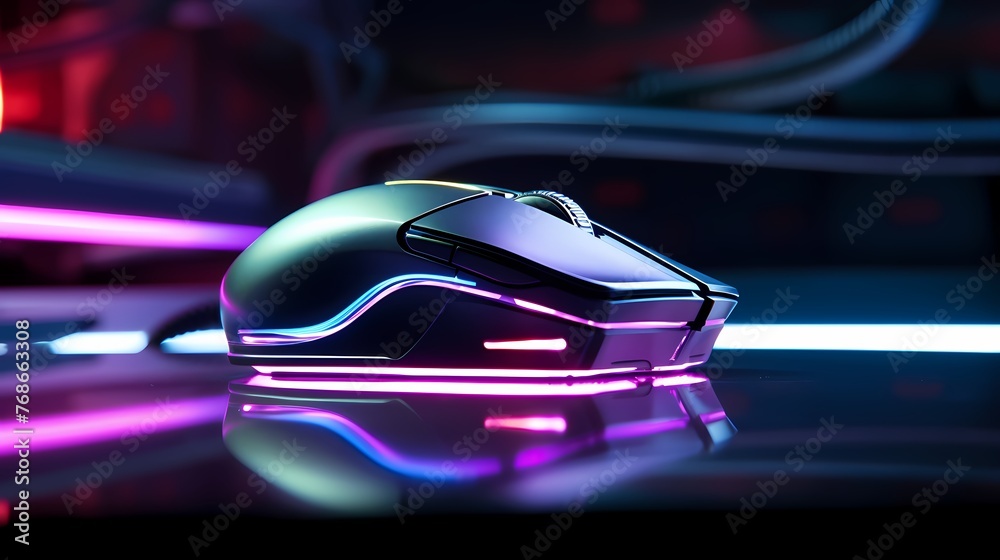 A close-up of a computer mouse with a bright LED, contrasting against the minimalist backdrop of a high-gloss table.