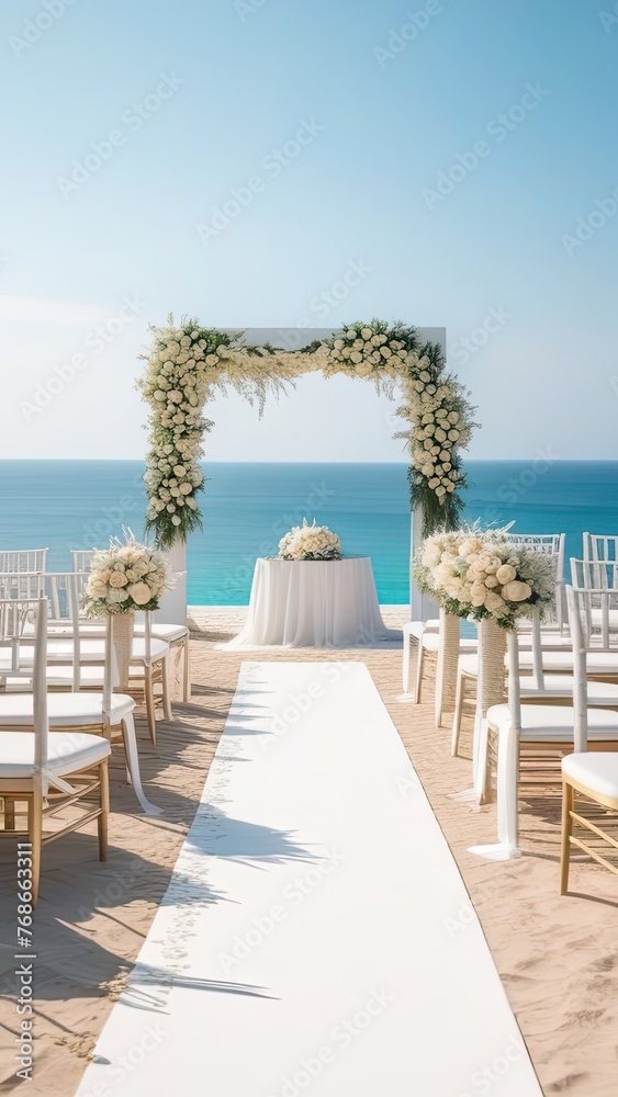 A beach wedding with a white arch and chairs. The chairs are arranged in a row and the arch is decorated with flowers. The beach is calm and the water is blue A beach wedding with a white arch and chairs. The chairs are arranged in a row and the arch is decorated with flowers. The beach is calm and the water is blue