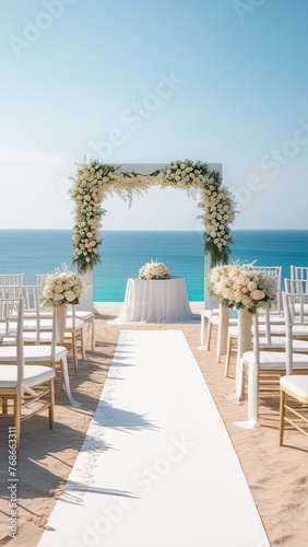 A beach wedding with a white arch and chairs. The chairs are arranged in a row and the arch is decorated with flowers. The beach is calm and the water is blue