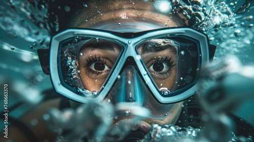 Female scuba diver underwater. Woman in scuba diving mask in water © brillianata