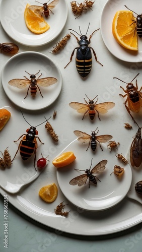 Insects, beetles and larvae as food on served plates. Concept Hunger and food of the 21st century.