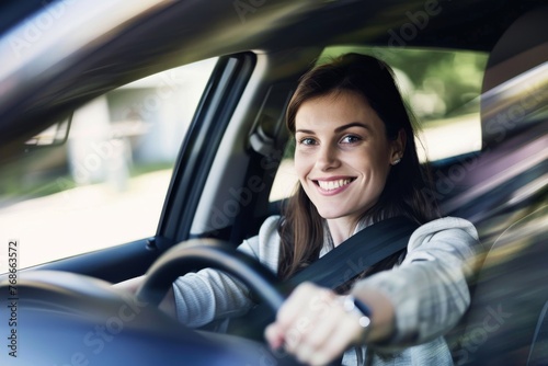 Portrait of smiling young woman driving a car