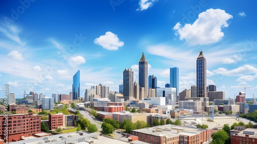 Downtown Atlanta Skyline showing several prominent buildings and hotels with blue sky background
