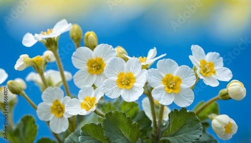prig forest white flowers primroses on a beautiful blue background macro. Blurred gentle sky-blue background. Floral nature background  free space for text. Romantic soft gentle