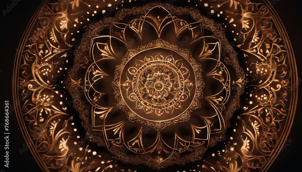 An elaborate golden mandala radiates with ornate details and a shimmering glow, embodying richness and spiritual symbolism.