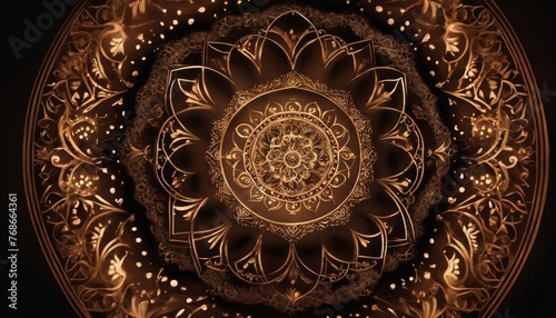 An elaborate golden mandala radiates with ornate details and a shimmering glow, embodying richness and spiritual symbolism.