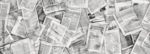 Long horizontal banner with lots of old newspapers on horizontal surface. Background texture. Concept for news and information - could be used for web design or advertisement.Ai generation