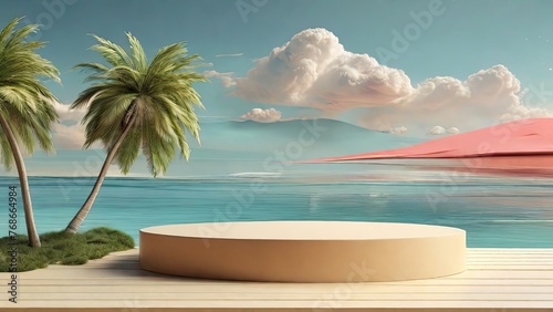 Abstract summer beach landscape scene with a podium for product display and palm trees
