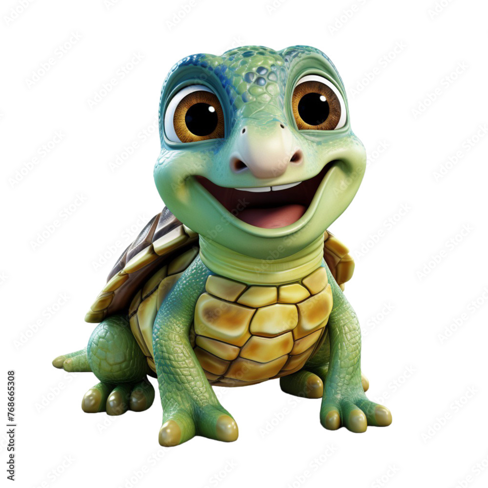 Fototapeta premium Cute 3D design turtle cartoon character with smiling facial expression isolated on transparent background, generative ai