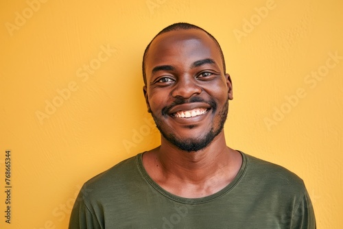 Portrait of happy young african american man smiling against yellow background