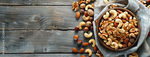 a wooden bowl filled with a colorful assortment of mixed nuts, providing ample copy space for text, perfect for promoting healthy snacking.