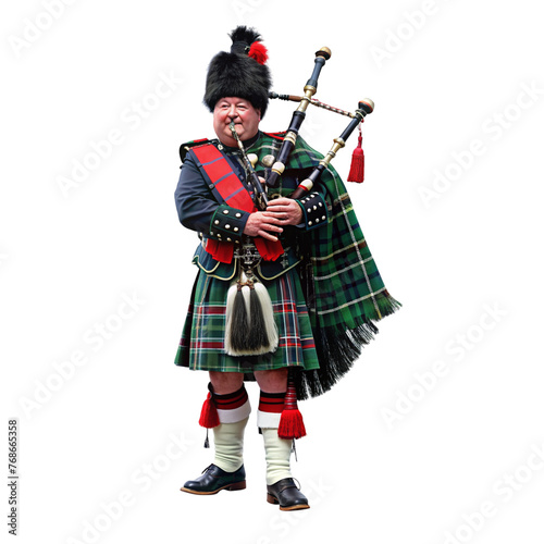 A Scotsman in full traditional dress plays the bagpipes