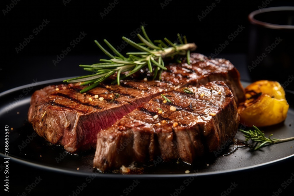 Juicy medium rare ribeye steak on a rustic plate against a black slate background