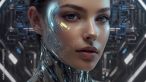 A beautifully sophisticated AI female assistant, her sleek metallic frame exudes a futuristic elegance. 
