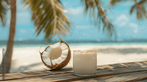 Coconut cocktail on the beach, sunny day, sea view, palms, beach refreshment, beachside bar, photo