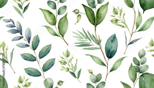 watercolor botanic, Leaf and buds. Seamless herbal composition for wedding or greeting card.