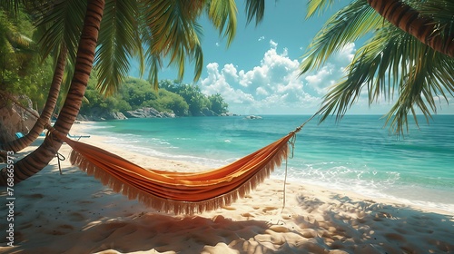 Hammock near the palm trees with a view of the ocean. AI generate illustration © PandaStockArt
